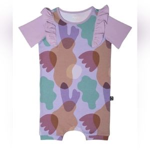 New RAGS Apparel Kid's Short Sleeve One Piece Purple Camo Ruffle Romper 3-6mo